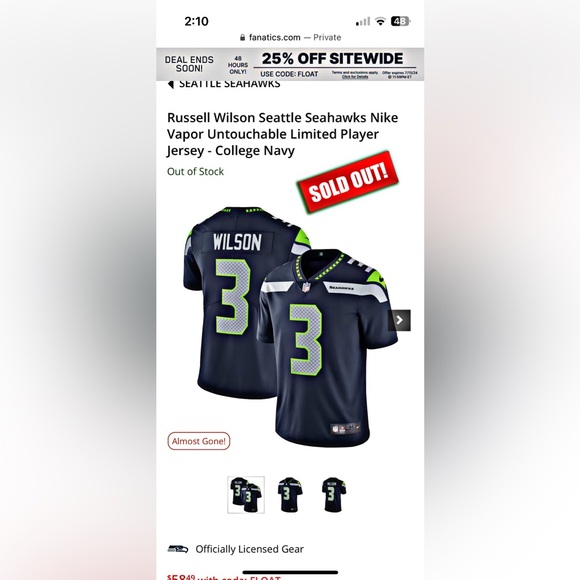 Russell Wilson Seattle Seahawks Nike Vapor Untouchable Limited Jersey - Navy - Picture 2 of 2